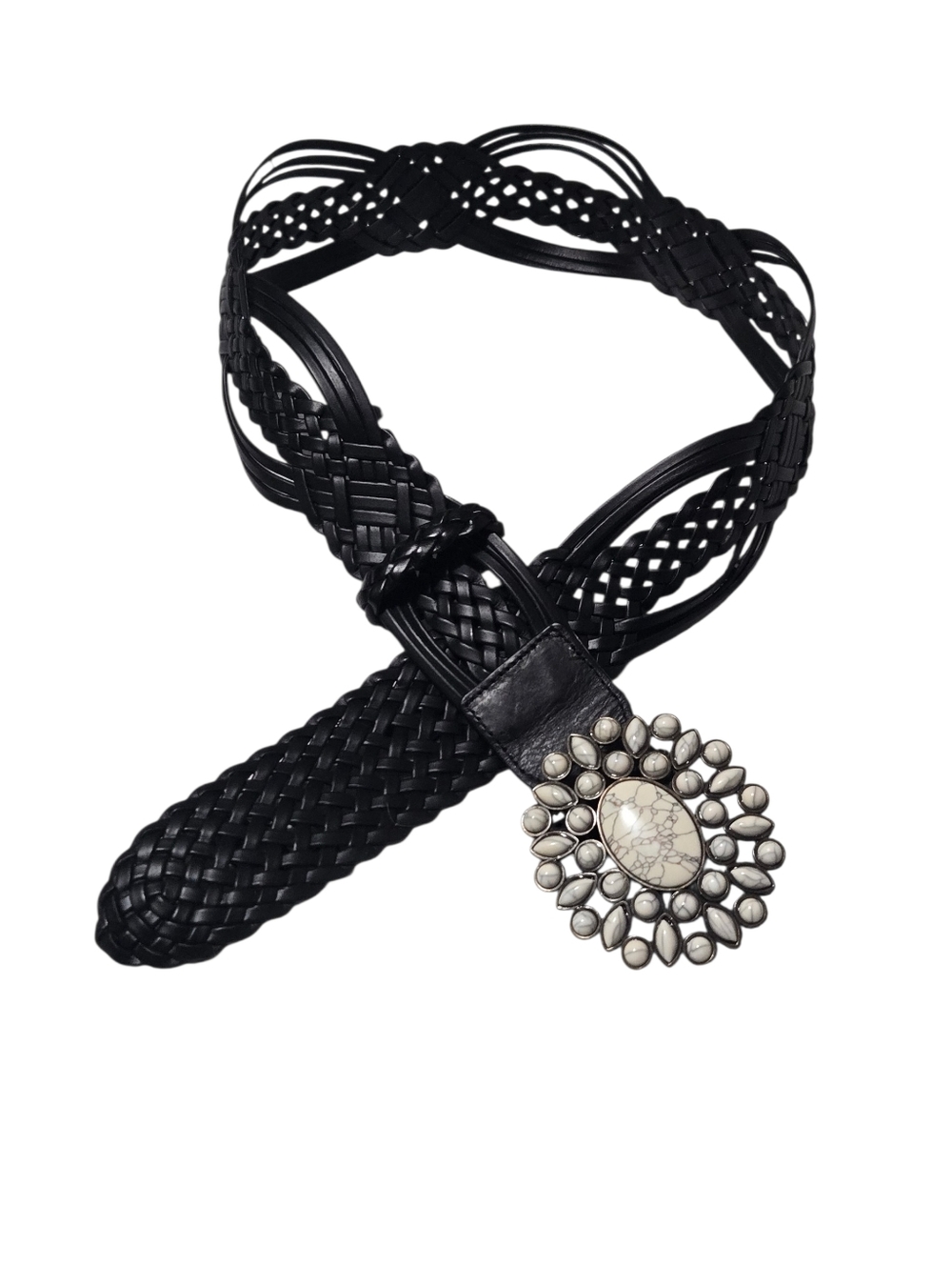 Braided Black Leather Belt With  Bone Stone Buckle